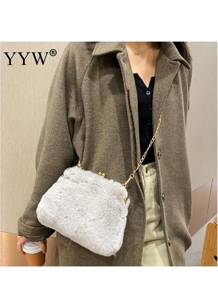 Açık Gri Altın Zincir Kürklü Kadın Omuz Çantaları Lüks Sahte Kürk Crossbody Messenger Çanta Küçük Çanta 2021 Tasarımcı Yumuşak Peluş Çanta Yeni (Yurt Dışından) indirimleri