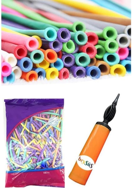 Makaron Soft Sosis Balon Karışık Renk Uzun Ince Balon 1 Adet Balon Pompası 100'Lü