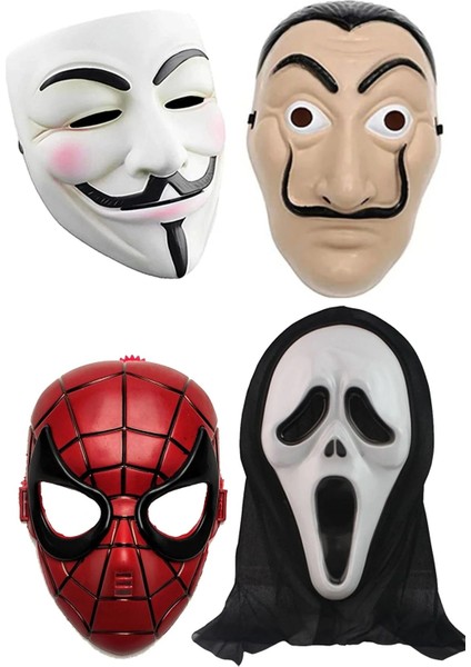 Karışık Maske Seti Vandetta Maskesi + Salvador Dali La Casa De Papel + Çığlık + Örümcek Adam 4'Lü