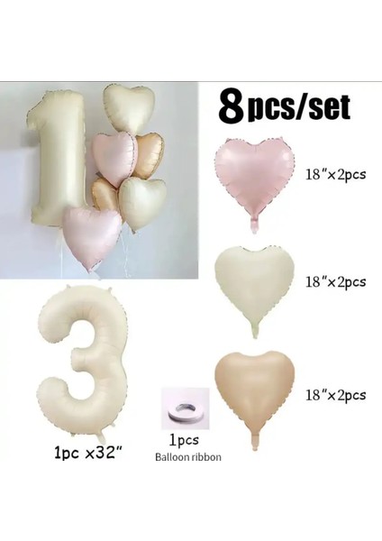 Krem Şampanya Pembe Saten Folyo Kalp Balon Seti 7 Parça Balon Zincir Set