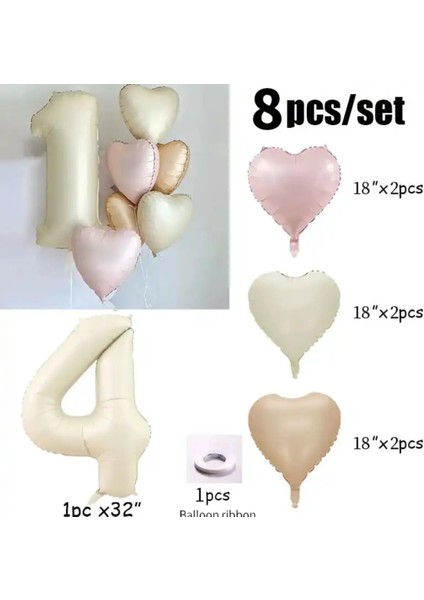Krem Şampanya Pembe Saten Folyo Kalp Balon Seti 7 Parça Balon Zincir Set