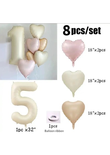 Krem Şampanya Pembe Saten Folyo Kalp Balon Seti 7 Parça Balon Zincir Set