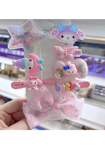 My Melodi Melody Pembe Sanrio Kalp Yıldız Çiçek Kurdele Kız Çocuk Saç Toka Aksesuar Set