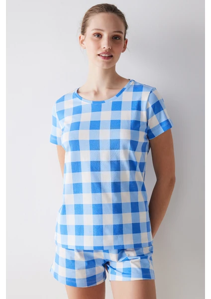 Blue Gingham Şortlu Pijama Takımı