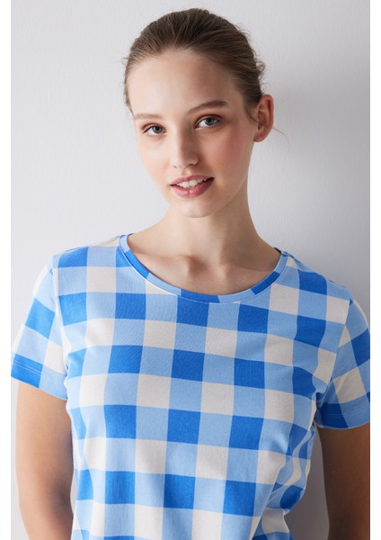 Blue Gingham Şortlu Pijama Takımı