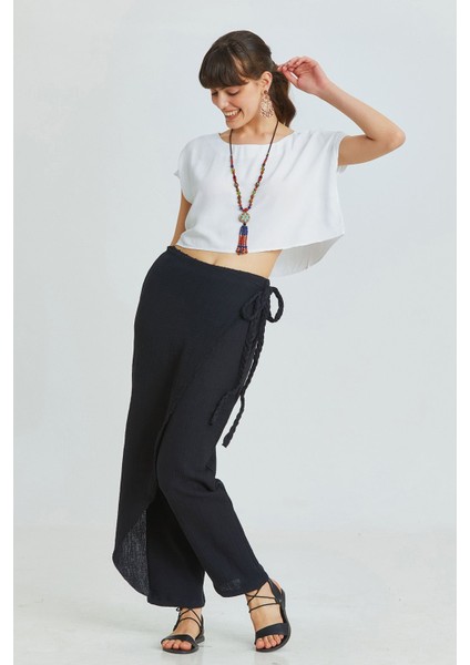 Önü Kapamalı Müslin Pantolon Siyah modelleri