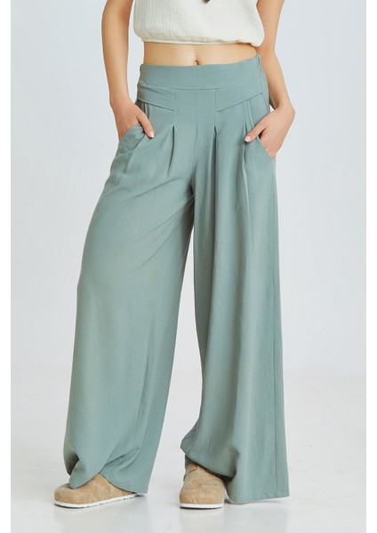 Arkası Lastikli Geniş Paça Pantolon Çağla modelleri