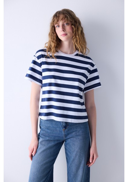 Crop Stripe Lacivert Tişört