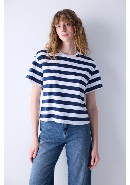 Crop Stripe Lacivert Tişört