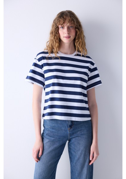 Crop Stripe Lacivert Tişört