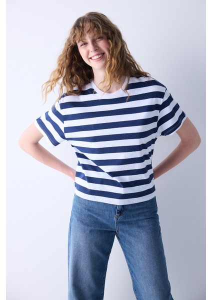 Crop Stripe Lacivert Tişört