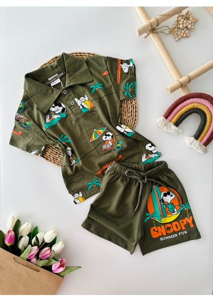 Minigimin Cicileri Snpy Sörf Baskılı Yakalı Erkek çocuk takım - Haki