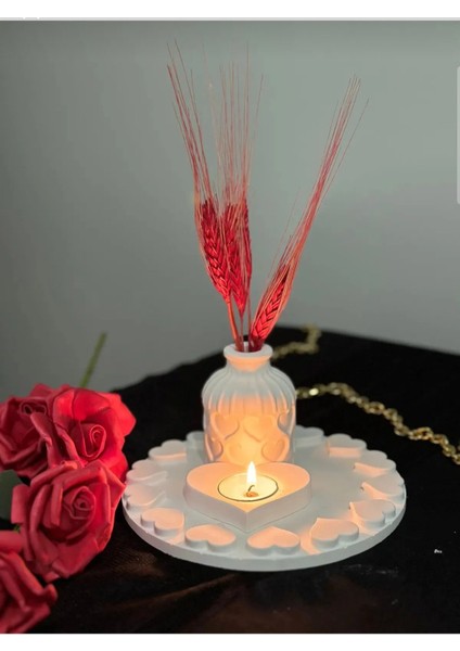 3'lü Kalpli Set Dekoratif Mini Pampas Kuru Çiçek Vazosu Tealight Mumluk Standlı Set