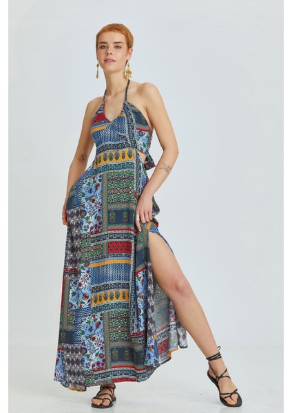 Boyundan Bağlamalı Uzun Elbise Mavi modelleri