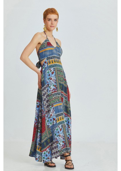 Boyundan Bağlamalı Uzun Elbise Mavi fırsatları