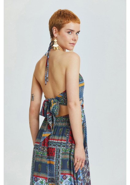 Boyundan Bağlamalı Uzun Elbise Mavi indirimleri