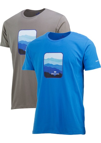 Erkek Yazlık Göğüs Baskılı Standart Fit Mavi Vizon 2'li Set T-Shirt