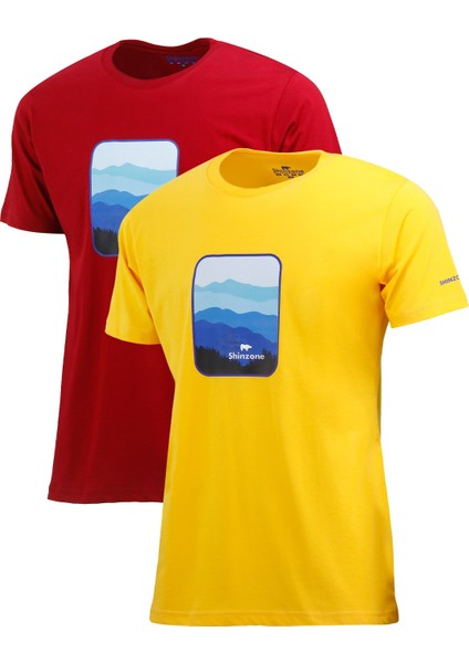 Erkek Yazlık Göğüs Baskılı Standart Fit Sarı Bordo 2'li Set T-Shirt