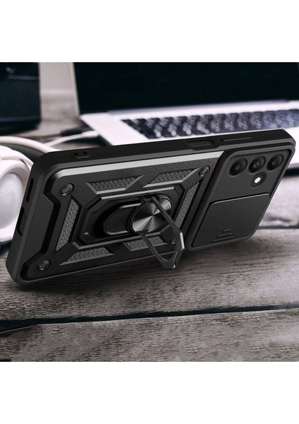 Samsung Galaxy A15 Kılıf Magnetik Standlı Kamera Korumalı Zore Sürgülü Vega Kapak