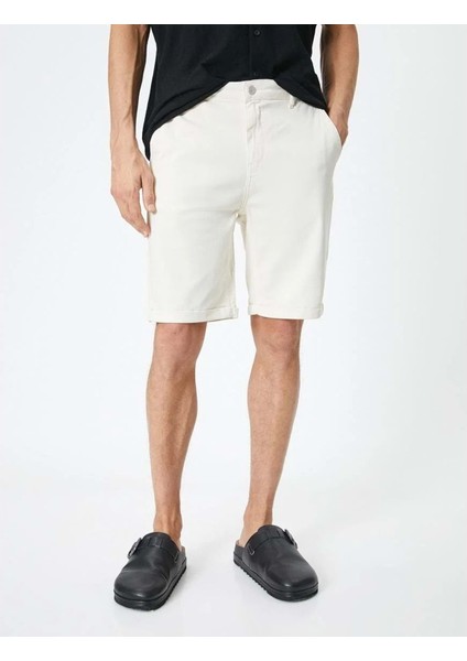 Kumaş Şort Bermuda Slim Fit Düğmeli Cepli Katlı Paça - Koton - 4SAM40064HW - Beyaz - 42