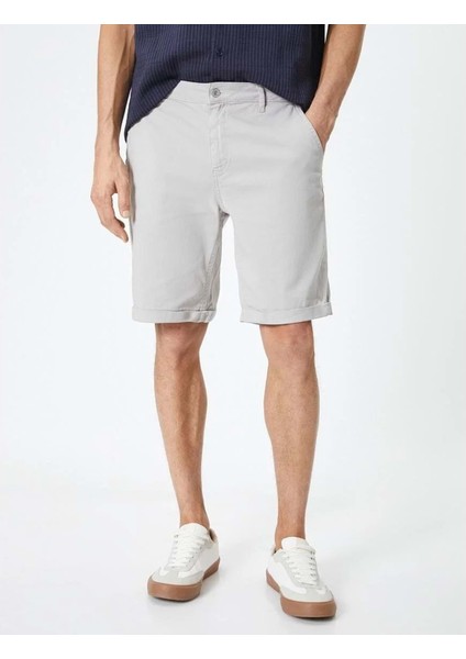Kumaş Şort Bermuda Slim Fit Düğmeli Cepli Katlı Paça - Koton - 4SAM40064HW - Gri - 48