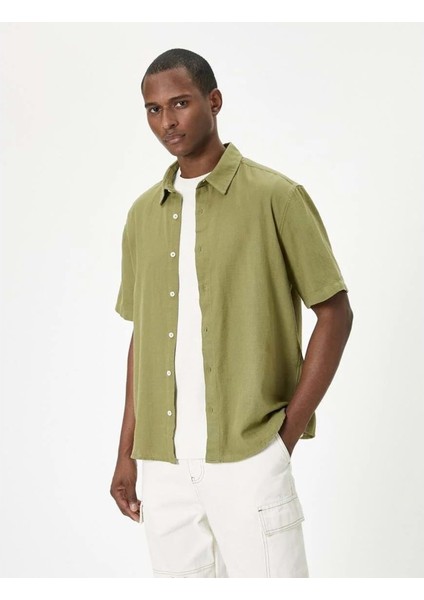 Yazlık Gömlek Kısa Kollu Klasik Yaka Düğmeli Pamuklu - Koton - 4SAM60034HW - Haki - S