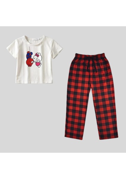 Spider&Hello Kitty Baskılı Siyah Oversize Crop Alt Üst 2 L.İ Takım