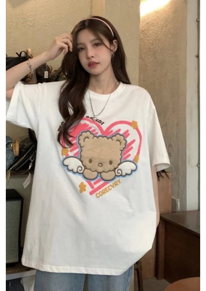 Retro Cute Bear Baskılı Beyaz Unisex Oversize T-Shirt