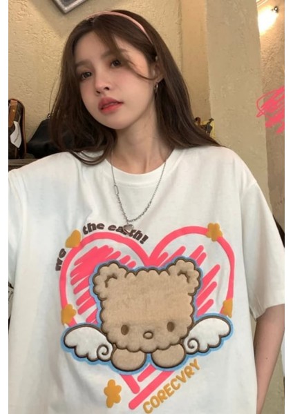 Retro Cute Bear Baskılı Beyaz Unisex Oversize T-Shirt