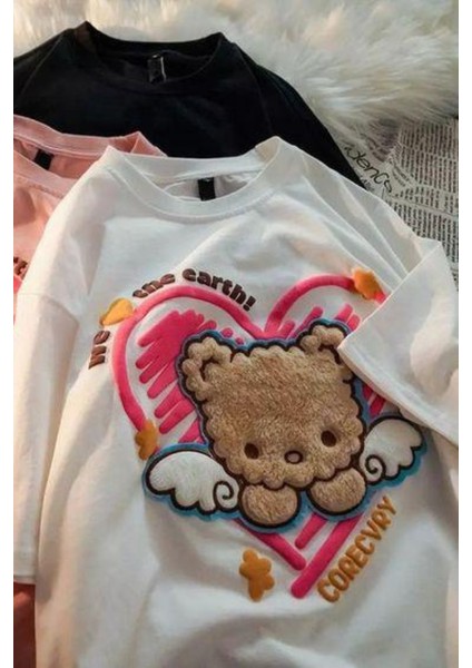 Retro Cute Bear Baskılı Beyaz Oversize T-Shirt