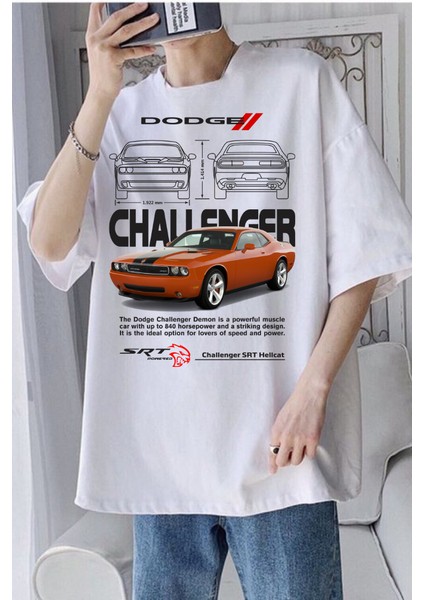 Dodge Challenger Baskılı Beyaz T-Shirt