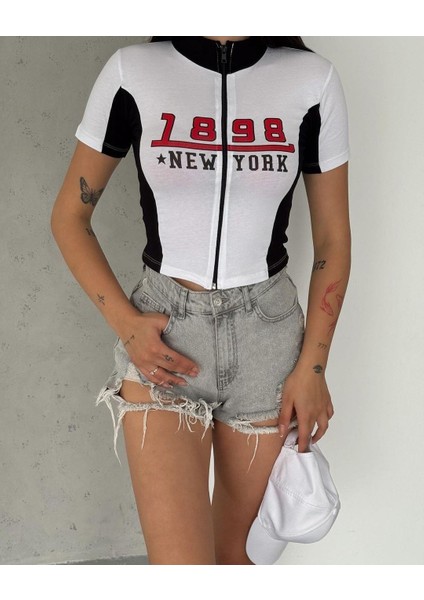 1898 Newyork Baskılı Fermuarlı Crop Bluz