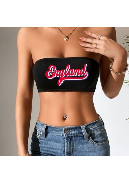 Siyah England Baskılı Likralı Pamuklu Penye Straplez