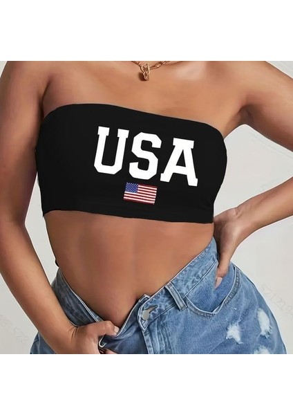 Siyah Usa Baskılı Likralı Pamuklu Penye Straplez