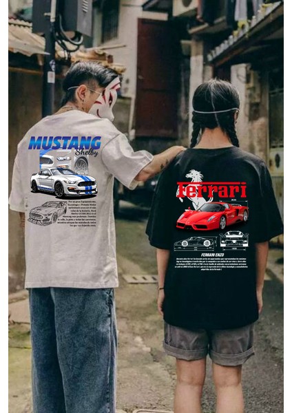 Ferrari & Mustang Retro Baskılı T-Shirt