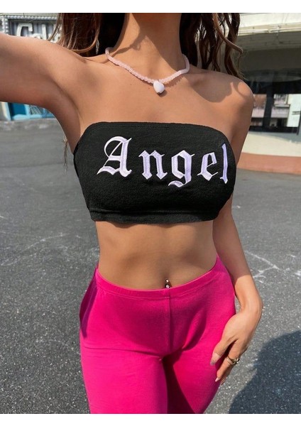 Siyah Angel Baskılı Likralı Pamuklu Penye Straplez