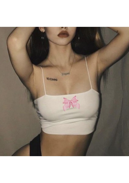 Beyaz Baskılı Kadın Ip Askılı Büstiyer Crop