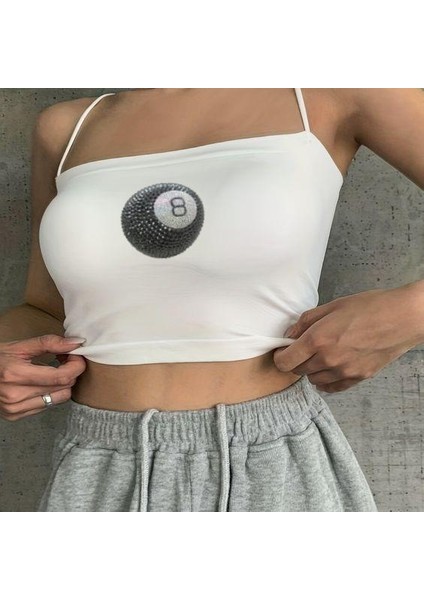 Beyaz Baskılı Kadın Ip Askılı Büstiyer Crop