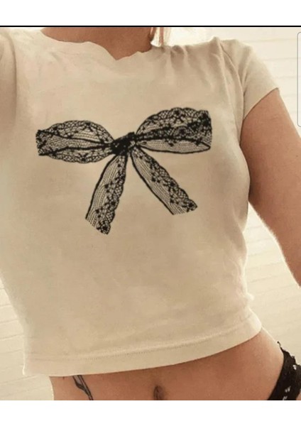 Dantel Ribbon Baskılı Crop Bluz