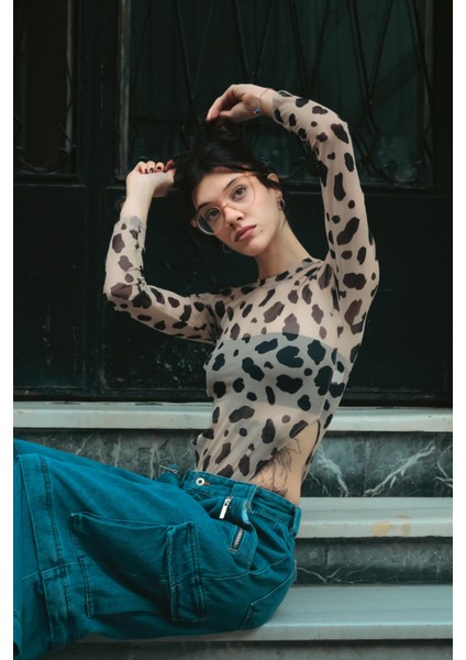Leopar Desenli Transparan Detail Crop Bluz