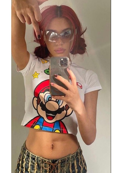 Mario Detail Baskılı Crop Bluz