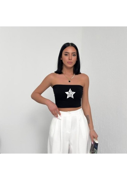 Star Detail Baskılı Likralı Pamuklu Penye Straplez