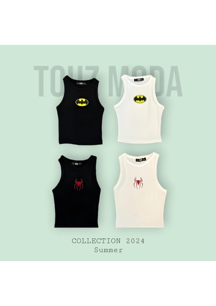 Batman Nakışlı Beyaz Halter Yaka Kaşkorse Crop Top