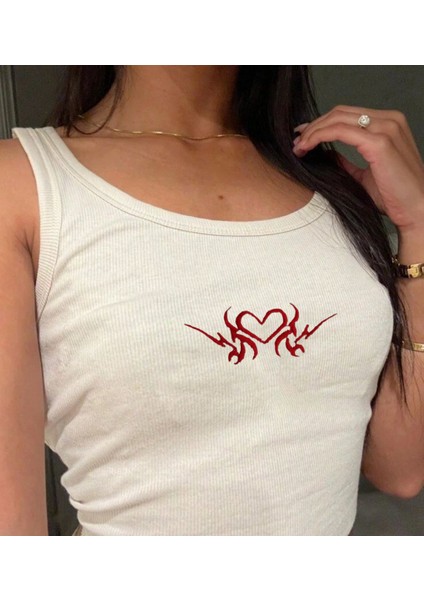 Gothic Heart Nakışlı Beyaz Halter Yaka Kaşkorse Crop Top