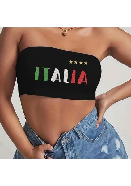 Siyah Italia Baskılı Likralı Pamuklu Penye Straplez