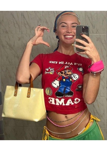Mario Detail Baskılı Kırmızı Crop Bluz