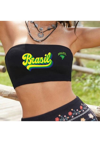 Siyah Brazil Baskılı Likralı Pamuklu Penye Straplez
