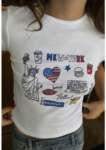 Kemer Boy Newyork Baskılı Crop Bluz