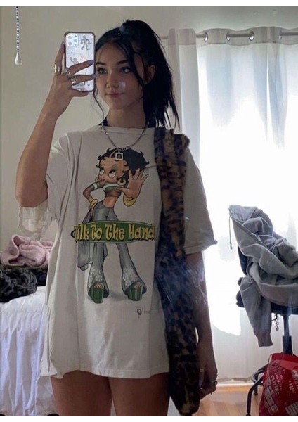 Cute Betty Boop Baskılı Beyaz T-Shirt