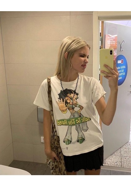 Cute Betty Boop Baskılı Beyaz T-Shirt fiyatları